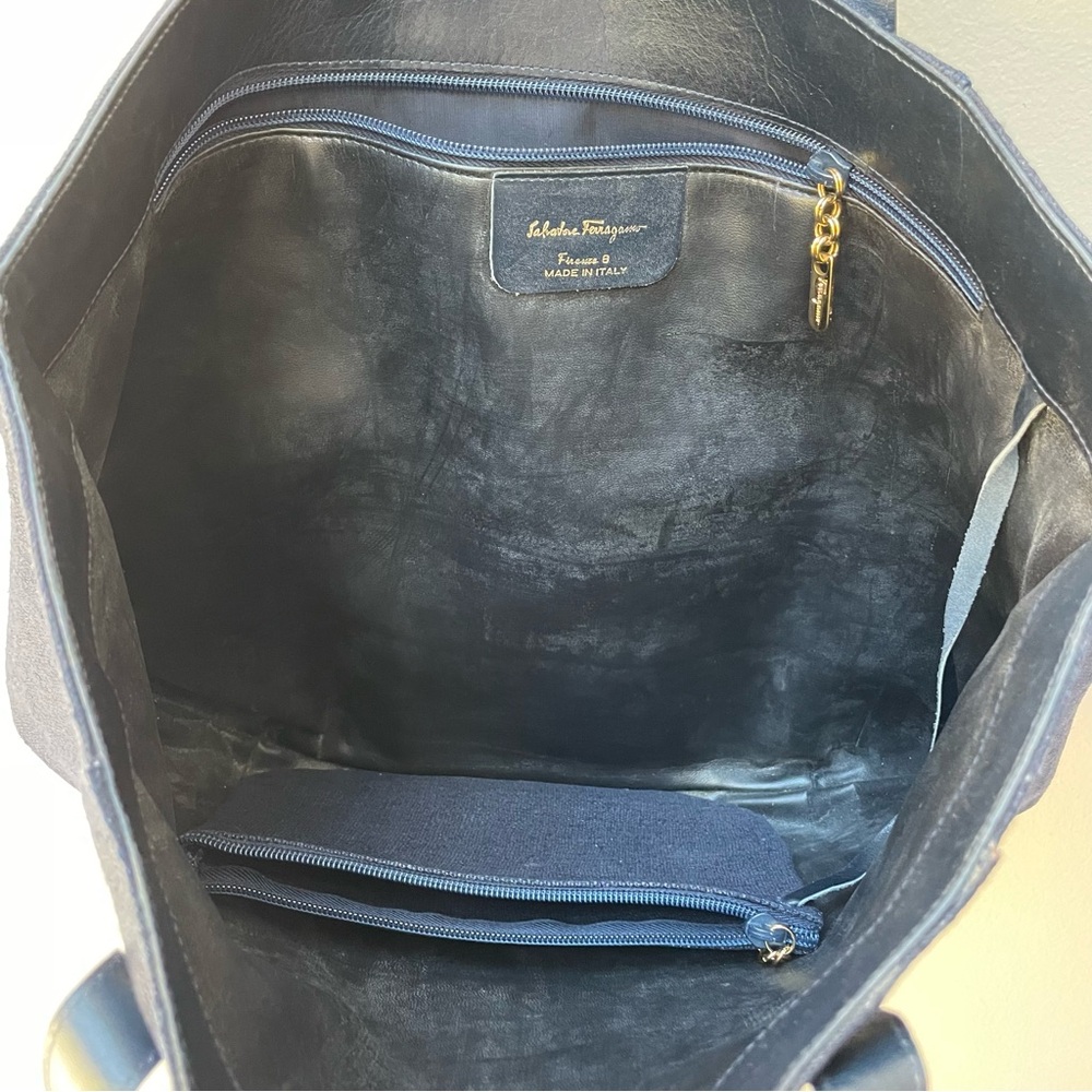 VTG Salvatore Ferragamo Firenze 8 Navy Blue Denim Leather Tote Shoulder Bag - Picture 5 of 14